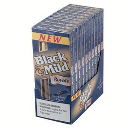 John Middleton Black & Mild Royale Pack, display of multiple cigar packs in a standing cardboard box. John Middleton Black & Mild Royale Pack, display of multiple cigar packs in a standing cardboard box.