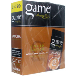 Product Swedish Match Game Leaf Cigars Mocha 15/2, a box of natural leaf cigars with mocha flavor, featuring packaging that highlights limited edition and nicotine warning.