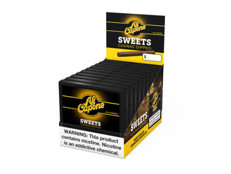 Inter-Continental Cigar Corporation Al Capone Sweets Cognac Cigarillos Pack of 100, black and yellow packaging display Inter-Continental Cigar Corporation Al Capone Sweets Cognac Cigarillos Pack of 100, black and yellow packaging display
