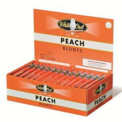 Swedish Match White Owl Blunts Cigars Peach, display of 50 peach-flavored blunt cigars in orange packaging. Swedish Match White Owl Blunts Cigars Peach, display of 50 peach-flavored blunt cigars in orange packaging.
