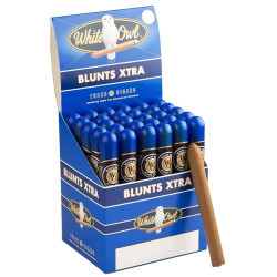 Swedish Match White Owl Blunts Xtra Vanilla Cigars 30ct, display box filled with vanilla-flavored blunts and one cigar outside the box.