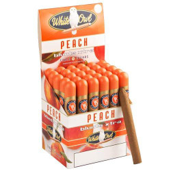 Product Swedish Match White Owl Blunts Xtra Peach Cigars 30ct, orange peach flavored cigars displayed in a counter box with a single cigar outside. Product Swedish Match White Owl Blunts Xtra Peach Cigars 30ct, orange peach flavored cigars displayed in a counter box with a single cigar outside.