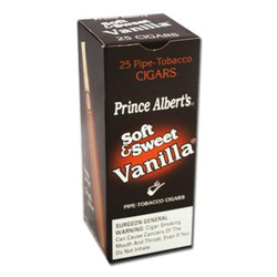 John Middleton Prince Albert Cigars Soft & Sweet Vanilla Box, box of 25 pipe-tobacco cigars with vanilla flavor in black packaging. John Middleton Prince Albert Cigars Soft & Sweet Vanilla Box, box of 25 pipe-tobacco cigars with vanilla flavor in black packaging.