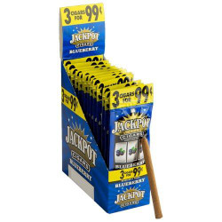 Swedish Match Jackpot Cigarillos Blueberry 15/3Ct, display of blue packaging with blueberry flavor cigarillo packs in a retail stand.