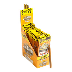 Product Swedish Match Jackpot Cigarillos Mango 15/3Ct, display of cigarillos in orange and yellow packaging with promotional signage, including a cigarillo outside the pack. Product Swedish Match Jackpot Cigarillos Mango 15/3Ct, display of cigarillos in orange and yellow packaging with promotional signage, including a cigarillo outside the pack.
