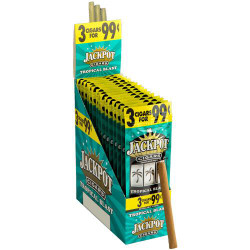 Swedish Match Jackpot Cigarillos Tropical Blast 15/3Ct, display of tropical-flavored cigarillos in yellow and green packaging with promotional offer stating 3 for 99 cents. Swedish Match Jackpot Cigarillos Tropical Blast 15/3Ct, display of tropical-flavored cigarillos in yellow and green packaging with promotional offer stating 3 for 99 cents.