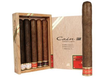 Oliva Cigars Cain Variety Cigar Sampler 5Ct, an open wooden box showcasing five cigars with a partially open packaging box displaying the cigars inside. Oliva Cigars Cain Variety Cigar Sampler 5Ct, an open wooden box showcasing five cigars with a partially open packaging box displaying the cigars inside.