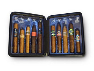 General Cigar CAO Champions Cigar Sampler 10ct, open cigar sampler case showing ten assorted cigars with colorful bands General Cigar CAO Champions Cigar Sampler 10ct, open cigar sampler case showing ten assorted cigars with colorful bands