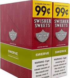 Swisher International Swisher Sweets Cigarillos Foil Swerve 30 Pouches of 2, a box of flavored cigarillos in foil packaging with a red and yellow design, featuring warning labels about health risks. Swisher International Swisher Sweets Cigarillos Foil Swerve 30 Pouches of 2, a box of flavored cigarillos in foil packaging with a red and yellow design, featuring warning labels about health risks.