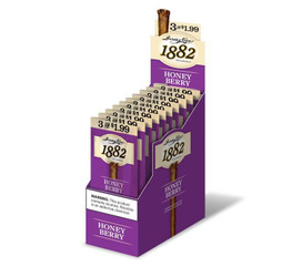 Swedish Match Garcia Y Vega 1882 Honey Berry Cigars, a display box containing 10 packs of 3 cigars each with a honey berry flavor, featuring purple packaging and promotional price tags. Swedish Match Garcia Y Vega 1882 Honey Berry Cigars, a display box containing 10 packs of 3 cigars each with a honey berry flavor, featuring purple packaging and promotional price tags.