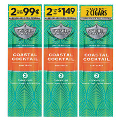 Swisher International Swisher Sweets Cigarillos Foil Coastal Cocktail 30 Pouches of 2, product packaging with a colorful tropical design, highlighting the kiwi peach flavor and promotional offers. Swisher International Swisher Sweets Cigarillos Foil Coastal Cocktail 30 Pouches of 2, product packaging with a colorful tropical design, highlighting the kiwi peach flavor and promotional offers.