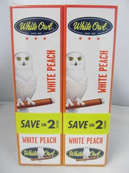 Swedish Match White Owl Cigarillos White Peach 30 Pouches of 2, product image showing packaging with white owl mascot and text indicating white peach flavor and promotion to save on 2 packs. Swedish Match White Owl Cigarillos White Peach 30 Pouches of 2, product image showing packaging with white owl mascot and text indicating white peach flavor and promotion to save on 2 packs.