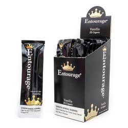 National Almond Honey Entourage Cigars Vanilla 25Ct, black packaging with gold crown logo and white text, featuring a display box and individual cigar pack. National Almond Honey Entourage Cigars Vanilla 25Ct, black packaging with gold crown logo and white text, featuring a display box and individual cigar pack.