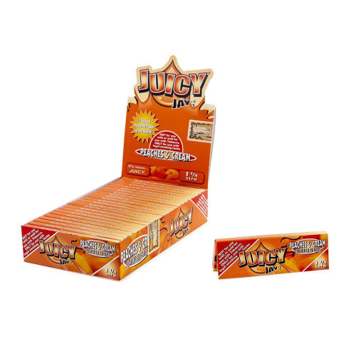 Juicy Jay Rolling Papers Peaches & Cream 1 1/4 24Ct, orange flavored rolling papers in a box and individual pack.