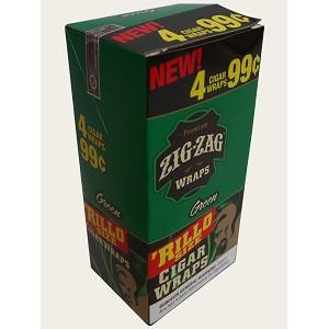 Republic Group Zig Zag Rillo Wraps Green, Packaging of four cigarette wraps priced at 99 cents.