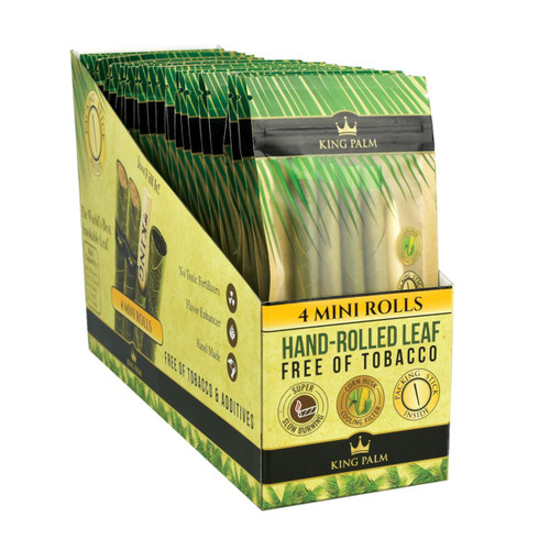 Good Tree Intl King Palm Wraps Mini Rolls 24/4, display box of hand-rolled leaf wraps emphasizing their natural, tobacco-free ingredients.