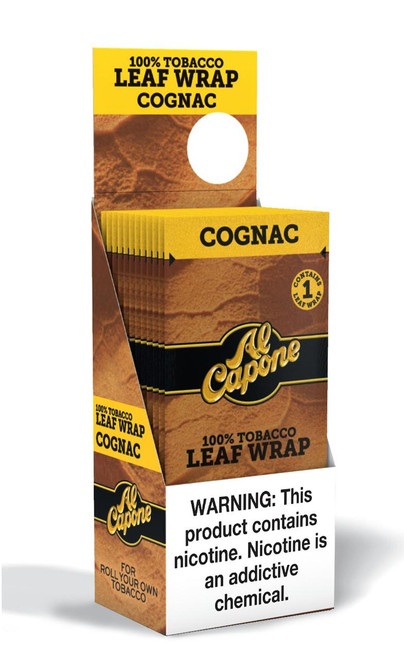 Al Capone Leaf Cognac 12/1, product packaging of tobacco leaf wrap with yellow and brown design and warning label.