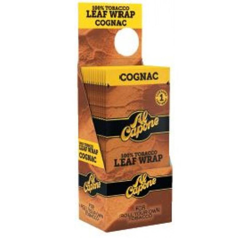 Al Capone Leaf Cognac 12/1, packaging of leaf wrap cognac with yellow and black branding and logo design.