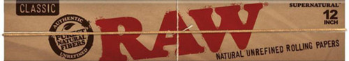RAW Classic SuperNatural Rolling Machine, 12-inch natural unrefined rolling papers in a cardboard box with branding and product information.