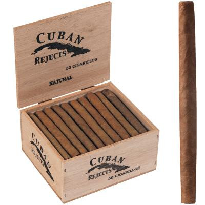 Cuban Rejects Classic Cigarillos Natural 50 Ct. Box, wooden box containing 50 natural cigarillos with one cigarillo outside the box.