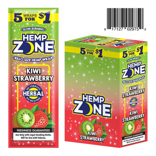 Show Cigars Hemp Zone Hemp Wraps 15/5, product packaging with kiwi and strawberry flavor and promotional offers for 5 wraps at $1.
