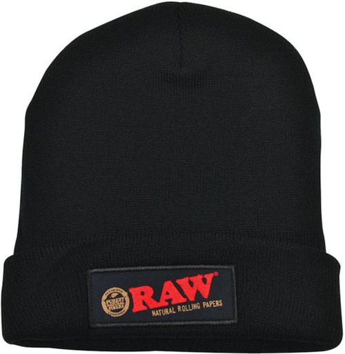 RAW Raw Beanie Hat Black, black knit beanie with a red and black patch logo that reads 'RAW' and 'Natural Rolling Papers' on the front