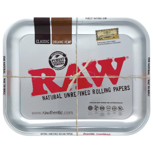 RAW Raw High Sided Steel Rolling Tray, metal tray with red RAW logo and natural unrefined rolling papers packaging design, tied with string for retail sale.