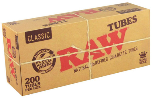 RAW Classic Cigarette Tubes King Size 200Ct, a box of 200 natural unrefined cigarette tubes, with a beige and red design and the RAW logo on the packaging.
