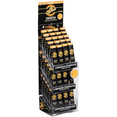 Inter-Continental Cigar Corporation Al Capone Cigarillos Tower 60/2, display stand with packs of cigarillos, black and gold packaging, showcasing the Al Capone branding and flavor.