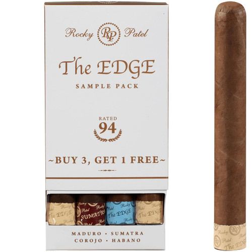 Rocky Patel The Edge Toro B3G1 4 Ct. Sampler, box with four cigars wrapped in colorful bands, and one unwrapped cigar with brown wrapper.
