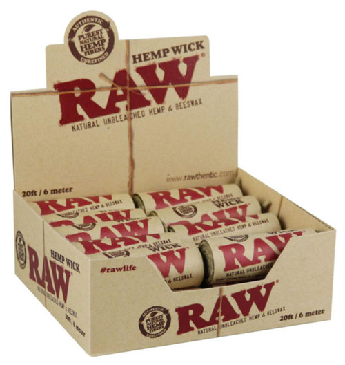 RAW Hemp Wick 20ft, display of multiple natural unbleached hemp and beeswax wicks in a cardboard retail box.