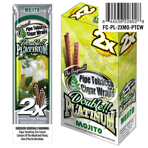 National Almond Honey Double Platinum Blunt Wraps Mojito, image of a packaged cigar wraps with mojito flavor and a box containing 25 foil pouches.
