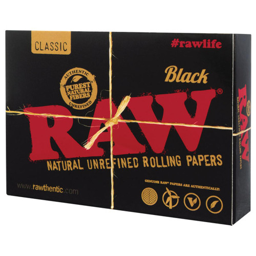 RAW Black Playing Cards, box of natural unrefined rolling papers with a black and red design and the hashtag #rawlife.