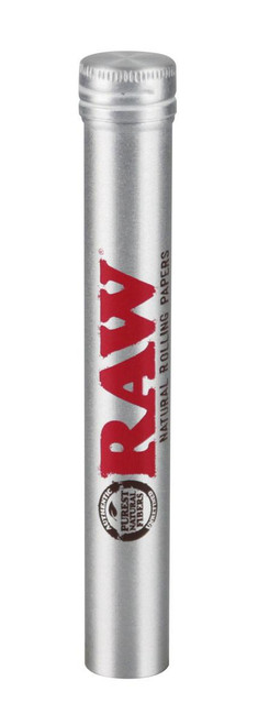 RAW Cone Aluminum Tube, a cylindrical silver aluminum container with a silver screw cap used for rolling and storing natural rolling papers.