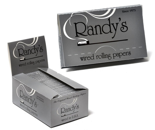 Randy's Roots Classic Wired Rolling Papers, Silver packaging with black text and white decorative accents.