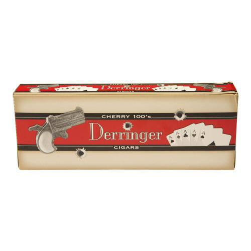 Cheyenne International Derringer Filtered Cigars Cherry, cigar pack with red and beige design featuring a silver revolver and playing cards, containing cherry flavored filtered cigars.