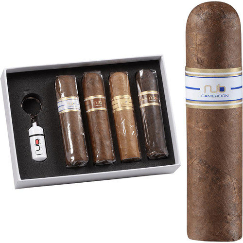 Nub Variety Cigar Sampler With Cutter, cigars in a case with a cutter, featuring four different Nub cigars with bands, and a white cutter with Nub branding.
