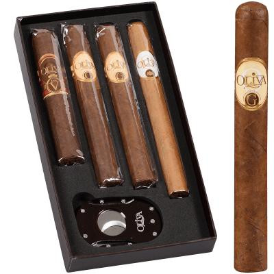 Oliva Cigars Oliva Sampler With Cutter 4 ct. Box, including four cigars and a cutter in a black presentation box.