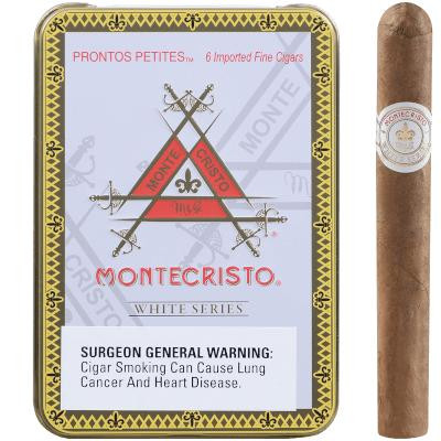 Montecristo White Prontos Petites Cigarillo 5/6 Tin 4.00X33, featuring a tin box with gold and white design and a single cigar with Montecristo band.