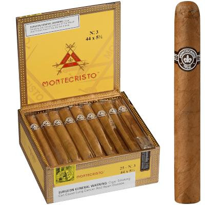 Montecristo No. 3 Natural Cigar Corona 25 Ct. Box 5.50X44, open box displaying 25 cigars with a single cigar standing upright outside the box.