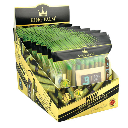King Palm Wraps King Palm Mini Rolls 2Ct-8Pk, retail display box with multiple mini cigar wraps inside, featuring green and black packaging design.
