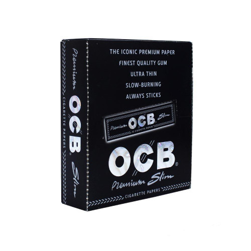 OCB Premium Slim Rolling Paper 24ct, black package with white and silver text describing features like thin, slow-burning, and always sticks.