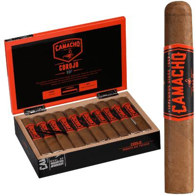 Camacho Corojo Bxp Cigar Robusto 20 Ct. Box, open box displaying 20 cigars with red and black branding and a single cigar standing upright beside the box.