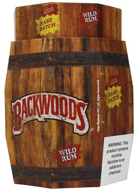 Altadis Backwoods Wild Rum Cigars 40Ct Barrel Display, rustic wooden design with Backwoods logo and 'Wild Rum' label, featuring a warning label about nicotine content.