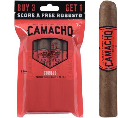 Camacho Corojo Cigar Robusto 5/4 Ct. Fresh Pack, a pack of premium cigars with a red and black design, and a single cigar with a red and black Camacho band.