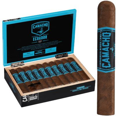 Camacho Ecuador Bxp Cigar Robusto 20 Ct. Box, opened wooden box containing 20 cigars with dark brown wrappers and blue labels, alongside a close-up of one cigar showing the detailed band.