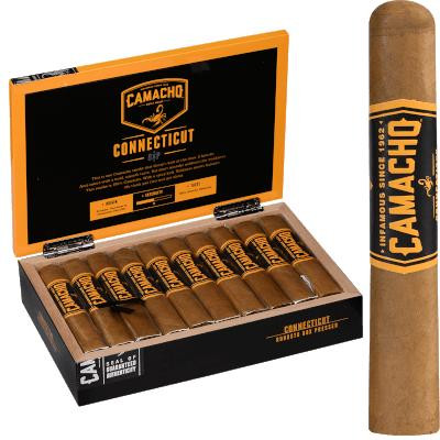 Camacho Connecticut Bxp Cigar Robusto 20 Ct. Box, image showing an open box of cigars and a single cigar outside the box featuring the brand's label.