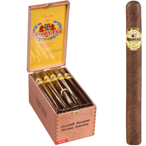 Baccarat Cigars Toro Natural 25 Ct. Box 6.00X50, luxury cigar box with five cigars inside and one cigar resting outside, featuring gold and red labels and a wooden box with Churchill Baccarat Havana Selection branding.