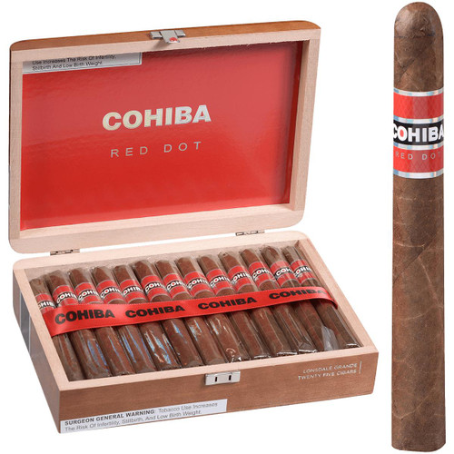 Cohiba Cigars Red Dot Lonsdale Grande 25 Ct. Box 6.25X47, open wooden cigar box containing 25 cigars with red bands and red interior branding.