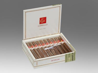E.P Carrillo Cigars EP Carrillo Cigars Stellas 20 Ct. Box, an open box containing 20 cigars with various shades of brown, neatly arranged for display.